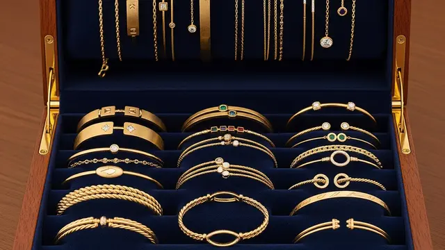 Ilustrasi kotak perhiasan yang berisi koleksi gelang emas.