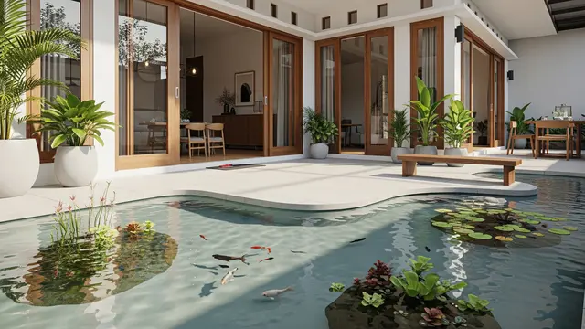 Desain Kolam Ikan Ramah Anak di Rumah Minimalis Model Kolam Ikan Menempel dengan Teras