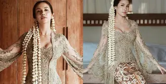 Bintang &ldquo;My Lecturer My Husband&rdquo; tampil cantik pakai kebaya hijau Sage dari desainer Didiet Maulana. (Instagram/estelleelinden/prabawasurya).