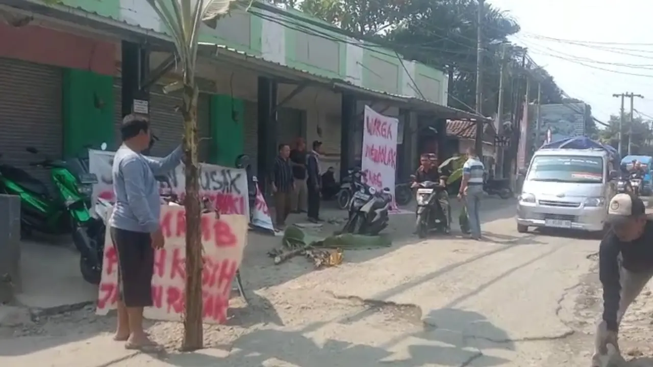 Warga Desa Cinangka, Kecamatan Ciampea, Kabupaten Bogor menanam pohon pisang di tengah jalan rusak, Selasa (22/8/2023). Aksi ini sebagai bentuk protes lantaran jalan rusak tak kunjung diperbaiki.  (Istimewa)