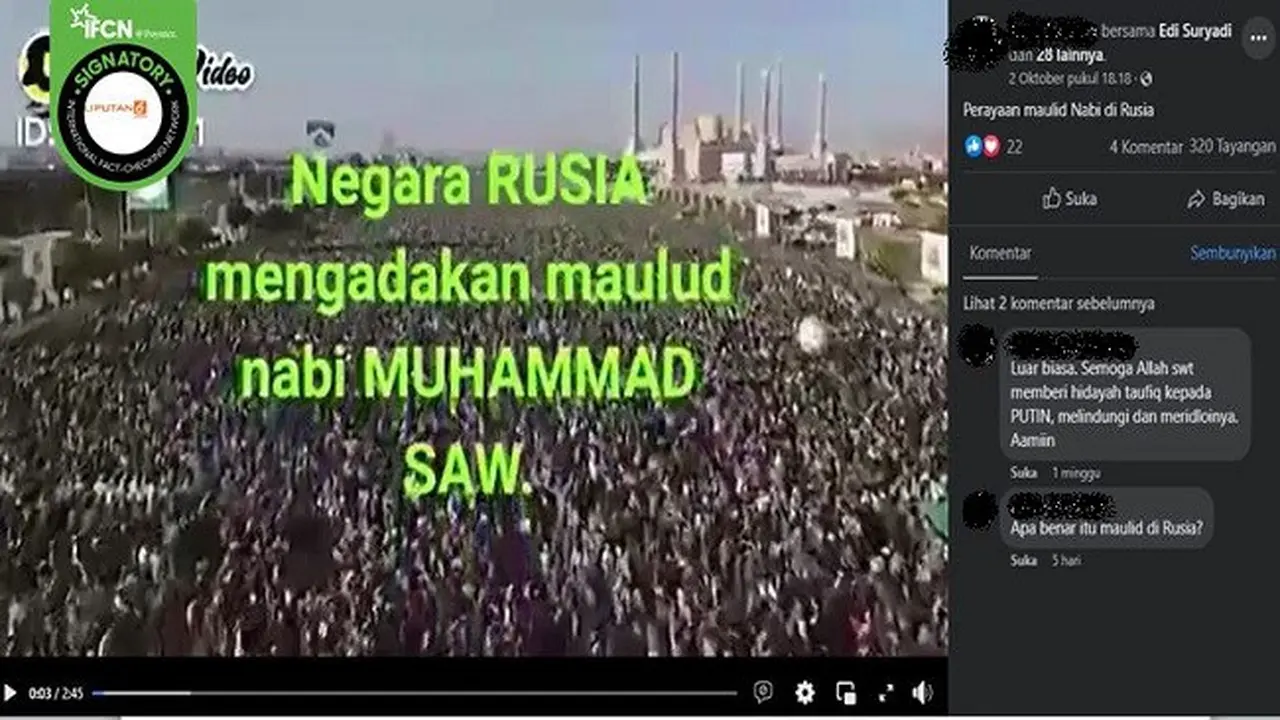 Gambar Tangkapan Layar Video yang Diklaim Perayaan Maulid Nabi Muhammad SAW di Rusia (sumber: Facebook).