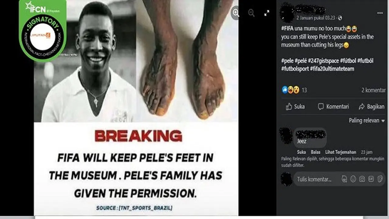 Gambar Tangkapan Layar Kabar tentang FIFA Simpan Kaki Pele di Museum (sumber: Facebook).