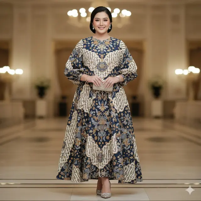 Model Dress Batik Lengan Bishop untuk Plus Size
