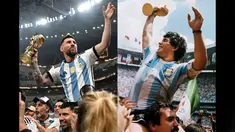 Foto kombo mega bintang Argentina, Lionel Messi (kiri) melakukan selebrasi dengan memegang trofi setelah menjuarai Piala Dunia 2022. Selebrasi yang dilakukan Messi sama persis dengan yang dilakukan oleh Diego Maradona di Piala Dunia 1986 (kanan). (AFP/Anne-Christine Poujoulat )