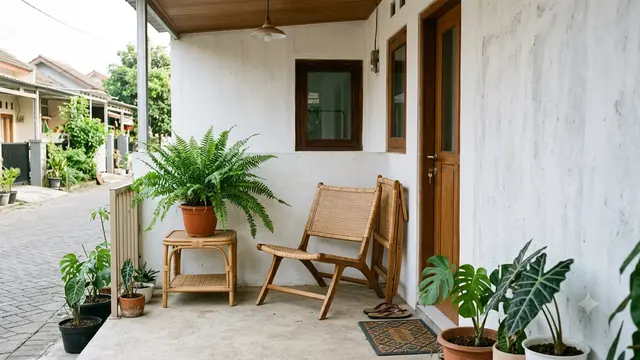 Ide Teras Rumah dengan Pakis Boston dan Kursi Rotan