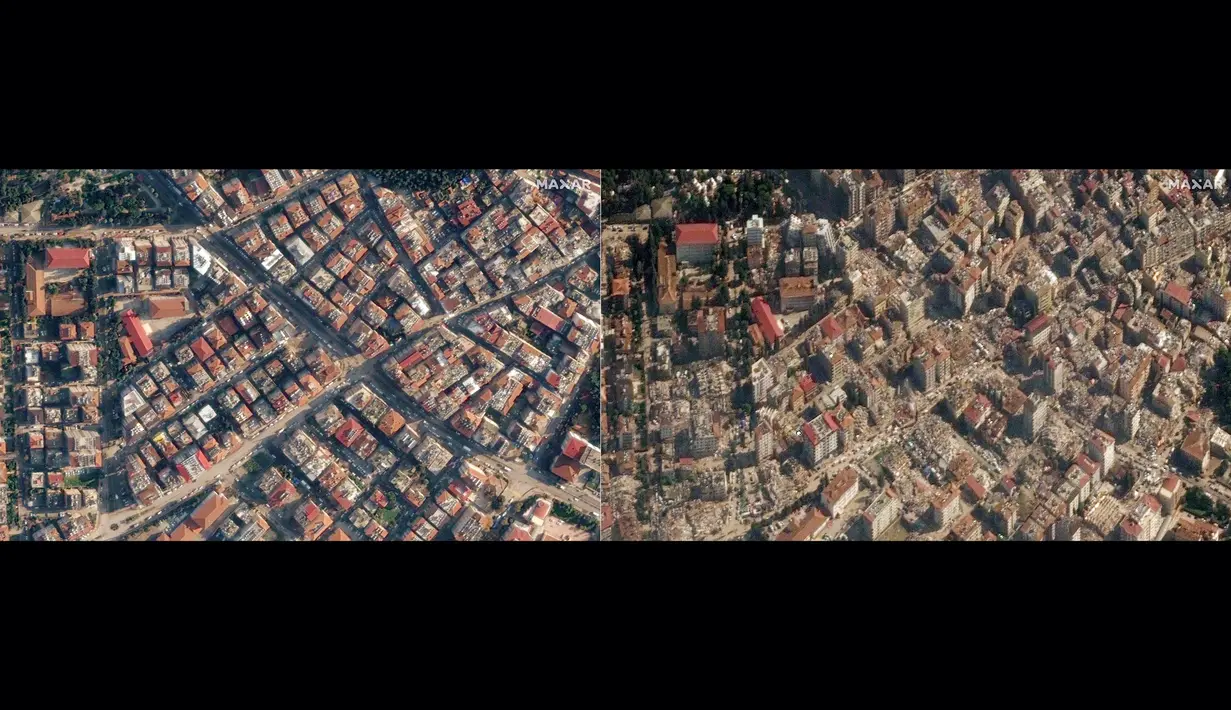 Kombinasi gambar yang dibuat dari citra satelit handout milik Maxar Technologies yang menunjukkan gambaran umum Antakya (foto kiri), Turki pada 22 Desember 2022, sebelum gempa bumi melanda wilayah tersebut pada 6 Februari 2023 dan gambaran umum wilayah Antakya (foto kanan), Turki pada 8 Februari 2023, setelah gempa bumi berkekuatan 7,8 SR yang melanda wilayah tersebut. Tim penyelamat terus berupaya menyelamatkan para penyintas yang terperangkap di bawah puing-puing dalam cuaca yang sangat dingin. (AFP/CITRA SATELIT ©2023 MAXAR TECHNOLOGIES)