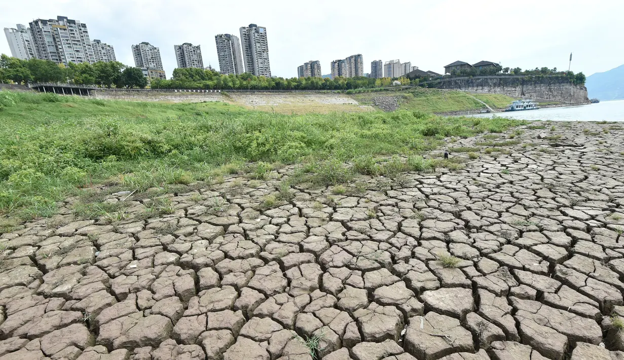 Dasar sungai yang kering terlihat setelah permukaan air turun di Sungai Yangtze, Yunyang, Kotamadya Chongqing, China, 16 Agustus 2022. Suhu tinggi yang tidak biasa dan kekeringan berkepanjangan mempengaruhi sebagian besar wilayah China, mengurangi hasil panen dan persediaan air minum. (Chinatopix Via AP)