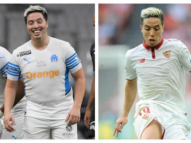 Foto kolase saat Samir Nasri dengan tubuh tambun saat bermain dalam pertandingan amal (kiri) dan Samir Nasri saat membela Sevilla sebelum ia pensiun (kanan). (AFP)