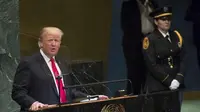 Presiden AS Donald Trump saat berpidato di Sidang Majelis Umum PBB 2018 di New York (25/9) (Mary Altaffer / AP PHOTO)