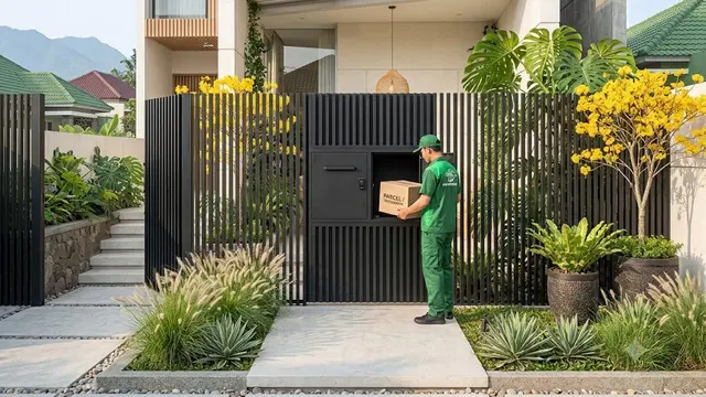 Pagar Besi Hollow dengan Box Paket Hitam Doff