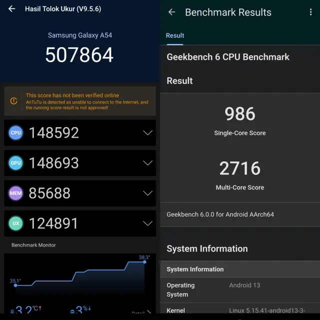 Skor AnTuTu (kiri) dan Geekbench (kanan) dari Samsung Galaxy A54 5G (Liputan6.com/Giovani Dio Prasasti)