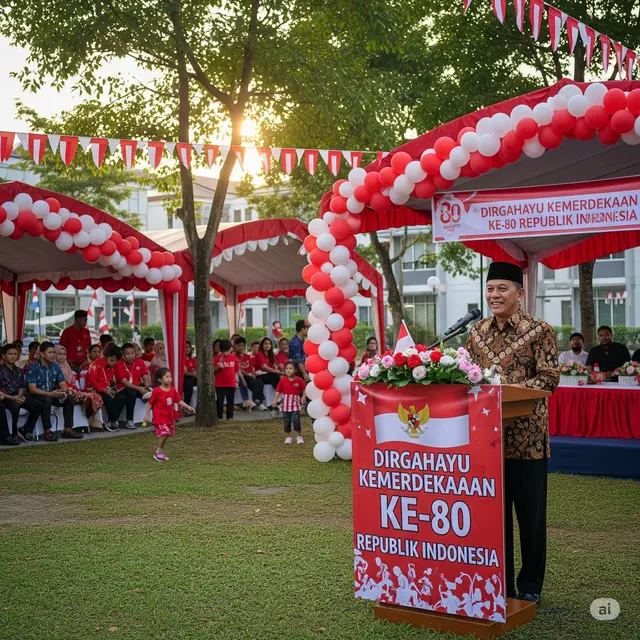 Foto ilustrasi ketua lingkungan perumahan yang sedang memberikan kata-kata sambutan di acara 17 Agustus. Foto; Gemini