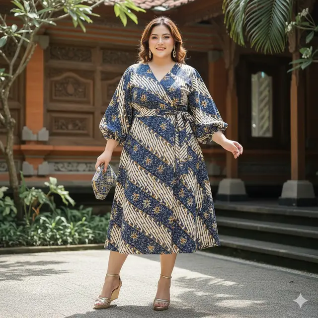 Model Dress Batik Lengan Bishop untuk Plus Size