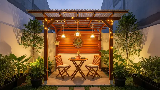 Desain Halaman Belakang Rumah Kecil dengan Lampu Taman Estetik untuk Suasana Romantis/Ilustrasi AI