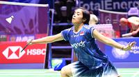 Tunggal putri Indonesia, Gregoria Mariska Tunjung berhasil menyingkirkan Petra Maixnerova dari Republik Ceko dengan 21-10 dan 21-9 di Adidas Arena, Paris, pada 25 Agustus 2025. (Bertrand GUAY/AFP)