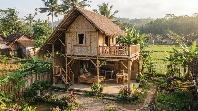 Model rumah bambu yang sederhana tapi bikin betah yang hadirkan nuansa perdesaan desain dua lantai agar menghemat lahan