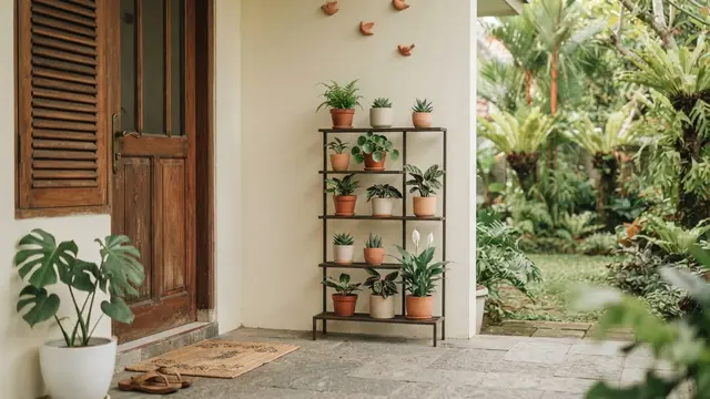 Model Sudut Teras Rumah dengan Rak Tanaman