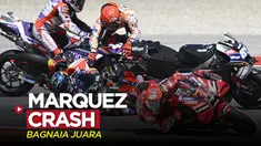 Berita video highlights balapan MotoGP Portugal 2023, di mana Pecco Bagnaia menjadi juara dan Marc Marquez mengalami crash, Minggu (26/3/2023) malam hari WIB.