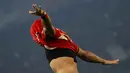 Menit ke-76, Emaxwell Souza De Lima berhasil mencetak brace yang mengantar Persija unggul 3-0 atas Persebaya. Tampak dalam foto, pemain Persija, Emaxwell Souza De Lima (tengah) merayakan golnya saat melawan Persebaya pada pertandingan pekan ke-27 BRI Super League 2025/2026 di Stadion Utama Gelora Bung Karno (SUGBK), Jakarta, Sabtu (11/4/2026). (Bola.com/Bagaskara Lazuardi)