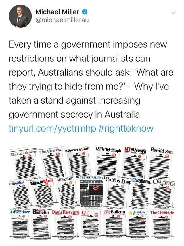 Tweet Michael Miller, Direktur Eksekutif News Corp Australia.