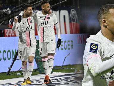 Trio Messi-Neymar-Mbappe berhasil membawa Paris Saint-Germain menang besar di kandang Clermont pada laga lanjutan Liga Prancis, Minggu (10/04/2022) dini hari WIB. (Foto kolase: AFP/Thierry Zoccolan)