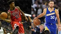 Forward Chicago Bulls, Jimmy Butler (kiri), dan guard Golden State Warriors, Stephen Curry, terpilih sebagai Pemain Terbaik NBA Pekan ini (27 Maret-2 April 2017) untuk Wilayah Timur dan Barat. (Bola.com/Twitter/theScore)