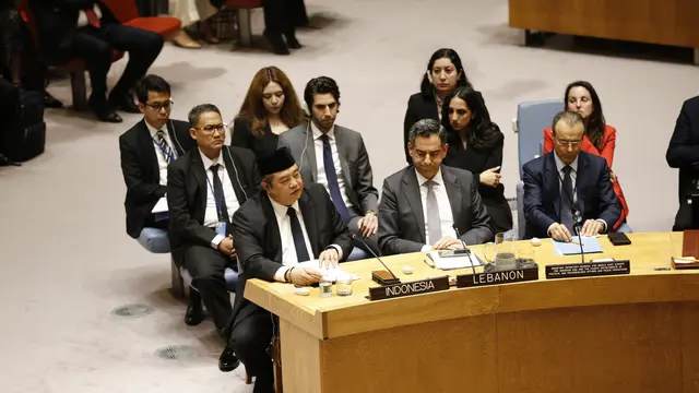 Wakil Tetap RI untuk PBB Duta Besar Umar Hadi dalam Sidang Darurat Dewan Keamanan PBB (DK PBB) mengenai situasi di Lebanon, pada Selasa (31/3/2026).