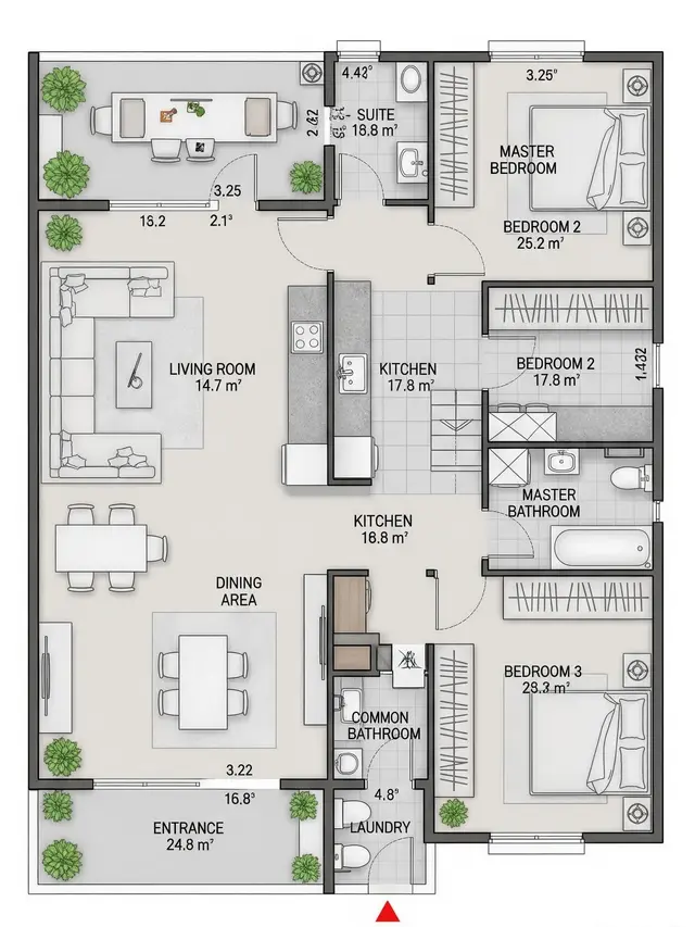 Denah Rumah 7x12 dengan 3 Kamar dan Ruang Makan Menyatu (Image by Gemini AI)