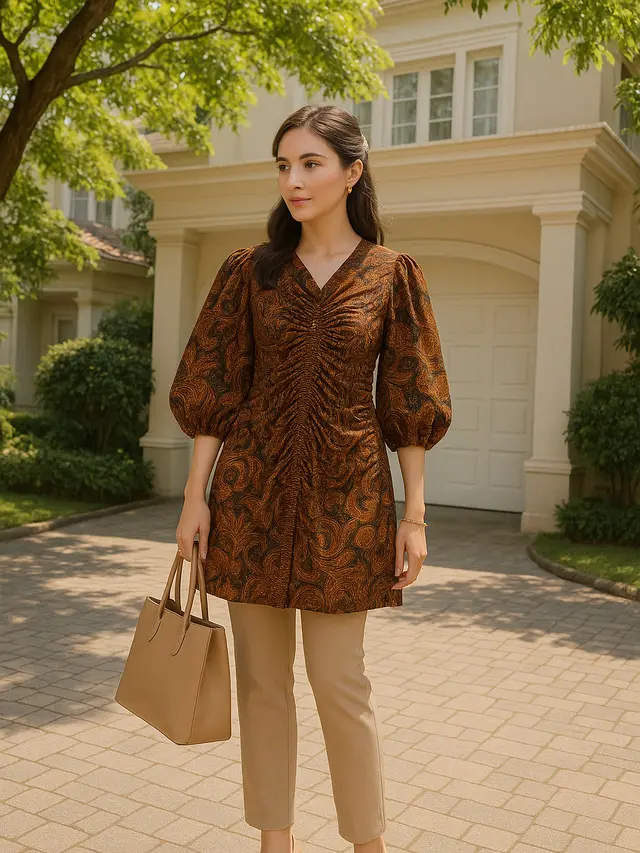 Tunik Batik Lengan Balon Kerut