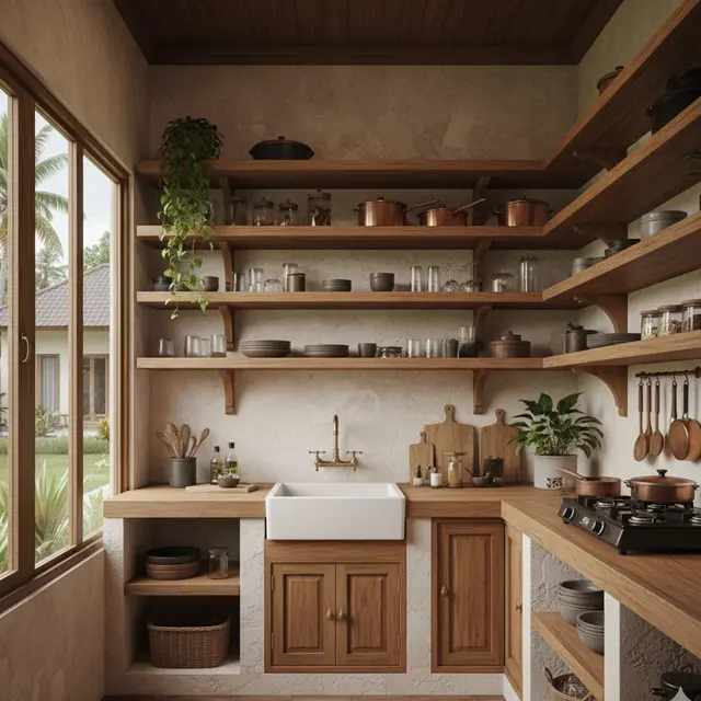 Desain Dapur Kecil Ala Tropis dengan Nuansa Kayu untuk Rumah Desa yang Hangat