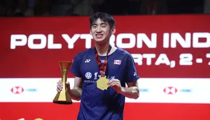 Tunggal putra Kanada, Victor Lai, berhasil menyabet gelar juara Indonesia Open 2026. (Bola.com/M. Iqbal Ichsan)