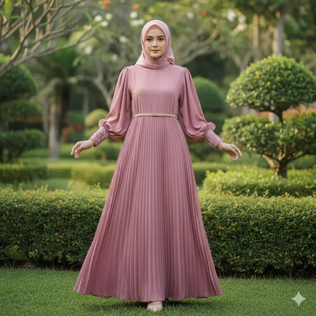 Gamis Batik Lengan Balon  Dusty Pink