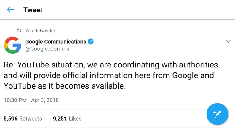 Akun Twitter resmi Google Konfirmasi soal penembakan di kantor pusat YouTube. Liputan6.com/Mochamad Wahyu Hidayat