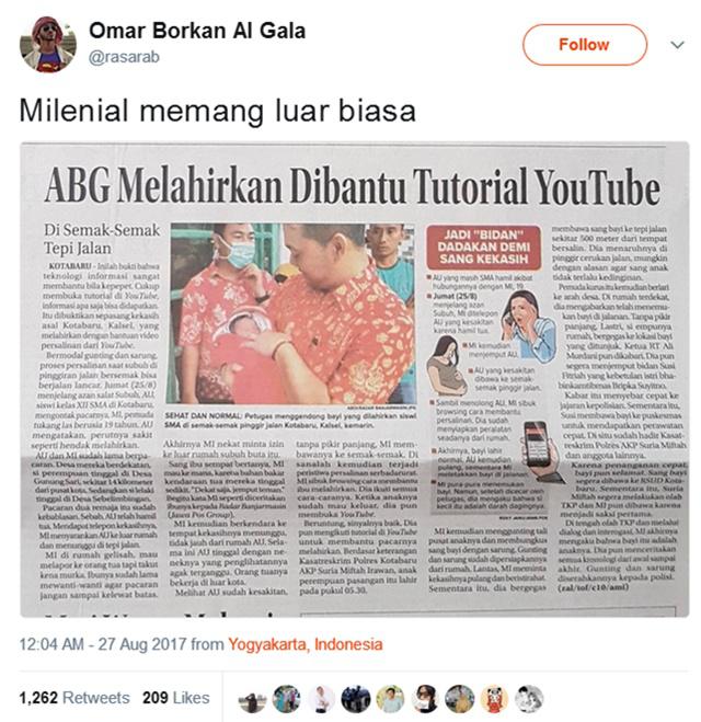 Postingan Omar mengenai ABG yang melahirkan lewat bantuan tutorial Youtube/copyright twitter.com/rasarab