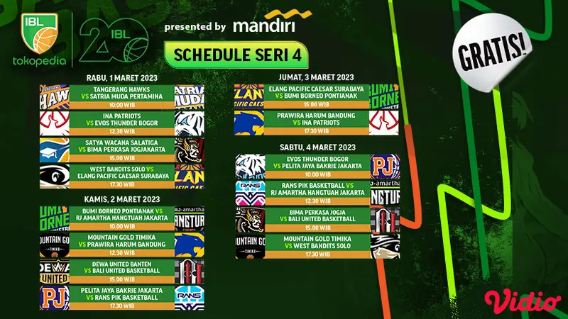 Live Streaming IBL 2023 Seri 4 Siaran Vidio 27 Februari - 4 Maret  :RJ Amartha Hangtuah Jakarta vs Satya Wacana Salatiga (UDH)18.00