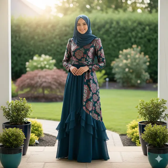 Dress Panjang Chiffon Flowy Kombinasi Brokat Muslim