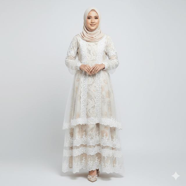 7 Gamis Batik Kombinasi Tule Brokat Warna Soft untuk Acara Akad ...