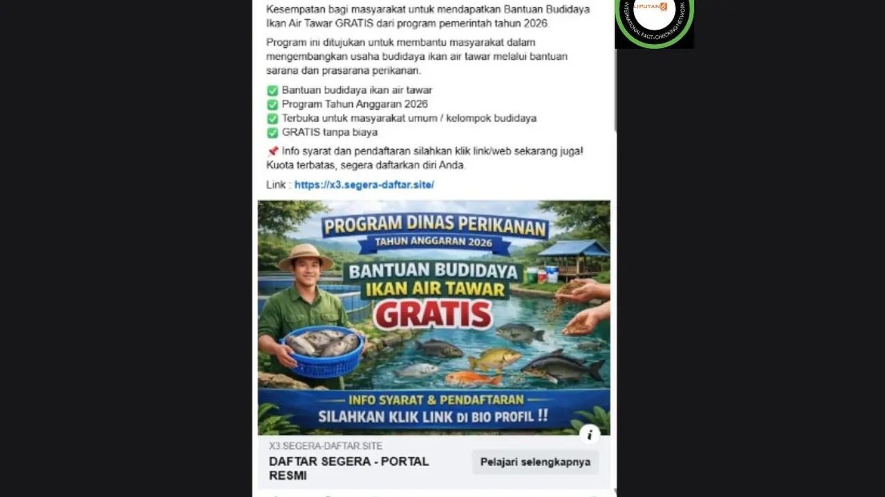 Cek Fakta Liputan6.com mendapati klaim link pendaftaran untuk mendapatkan bantuan budidaya ikan air tawar gratis