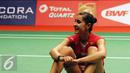 Ekspresi pebulutangkis Spanyol, Carolina Marin usai menyelesaikan laga melawan Saina Nehwal (India) di final BWF World Championships 2015 di Jakarta, Minggu (16/8/2015). Carolina unggul 21-16. 21-19. (Liputan6.com/Helmi Fithriansyah)