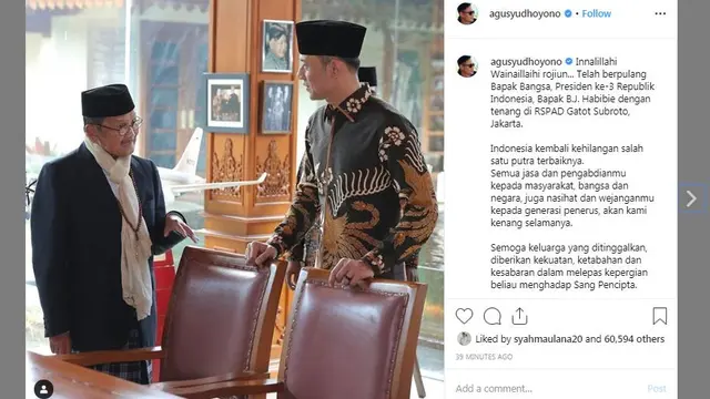 Ucapan duka BJ Habibie meninggal dunia dari putra sulung SBY, Agus Yudhoyono melalui media sosial miliknya.