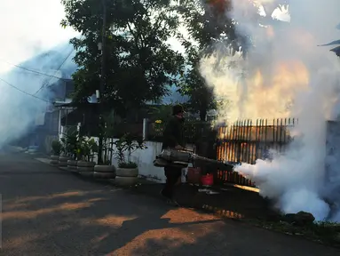 Petugas melakukan pengasapan di permukiman warga kawasan Kebayoran Baru, Jakarta, Selasa (9/2). Pengasapan untuk mencegah meluasnya wabah penyakit Demam Berdarah Dengue (DBD) yang kerap muncul pada masa pancaroba. (Liputan6.com/Gempur M Surya)