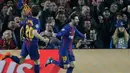 Pemain Barcelona, Lionel Messi merayakan gol ke gawang Chelsea pada leg kedua babak 16 besar Liga Champions di Stadion Camp Nou, Rabu (14/3). Pada laga ini, Messi mencetak gol tercepat sepanjang kariernya di klub dan timnas Argentina (AP/Emilio Morenatti)