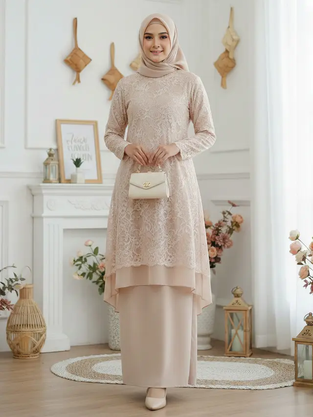 Gamis Brokat 2 Layer Warna Netral (Foto: Gemini AI)