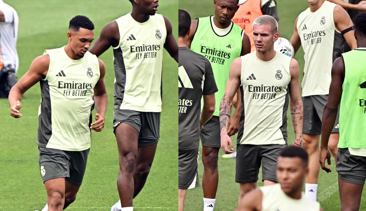 Dua dari sejumlah rekrutan baru Real Madrid, Trent Alexander-Arnold dan Franco Mastantuono tampak sudah mulai mengkuti latihan menjelang musim baru Liga Spanyol 2025/2026. (AFP/Javier Soriano)