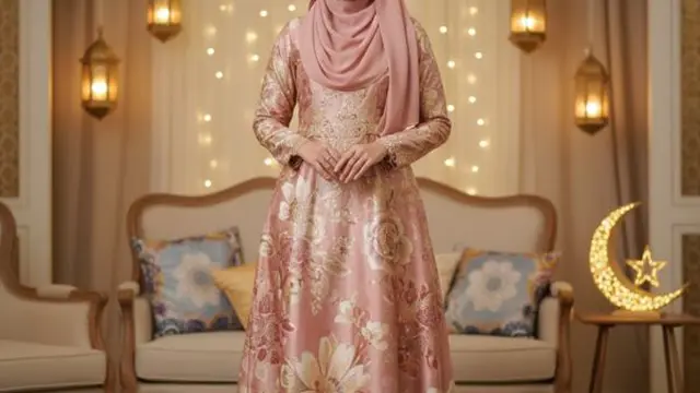 Gamis Batik Brokat Warna Rose Gold Ramadan 2026 (Image by Gemini AI)