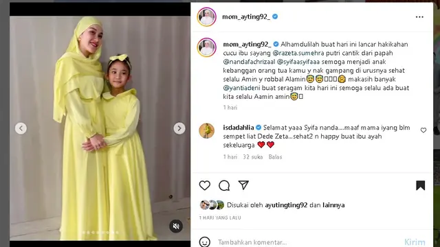 Ayu Ting Ting dan keluarga tampil dengan busana kuning dalam akikah Sumehra (Foto: Instagram momayting92_)