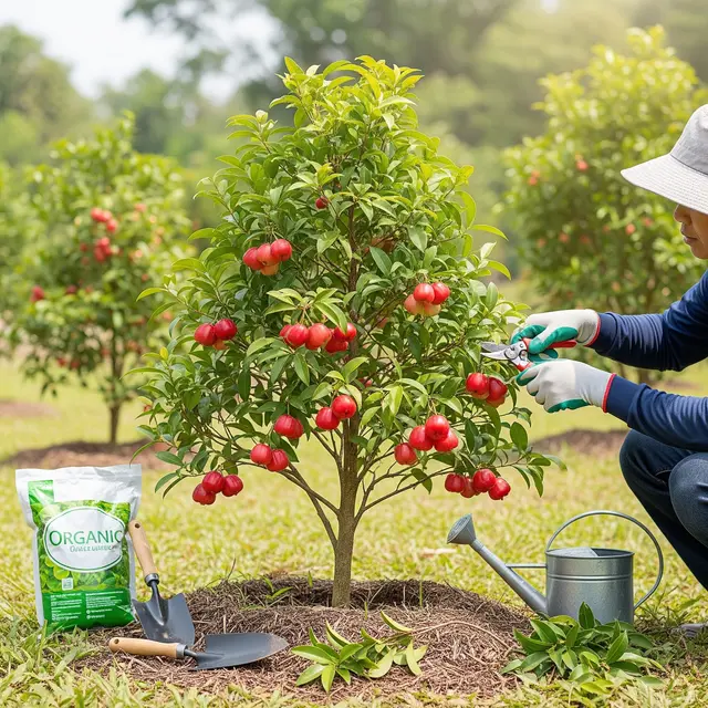 Pemangkasan dan Perawatan Secara Rutin pada Pohon Buah Jambu Bol Kerdil (AI Generated)