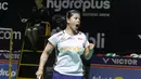 Felisha Pasaribu melakukan selebrasi usai mendapatkan poin saat bertanding pada babak 32 besar Indonesia Masters 2026 melawan wakil Denmark di Istora Senayan, Jakarta, Rabu (21/1/2026) siang. (Bola.com/Abdul Aziz)