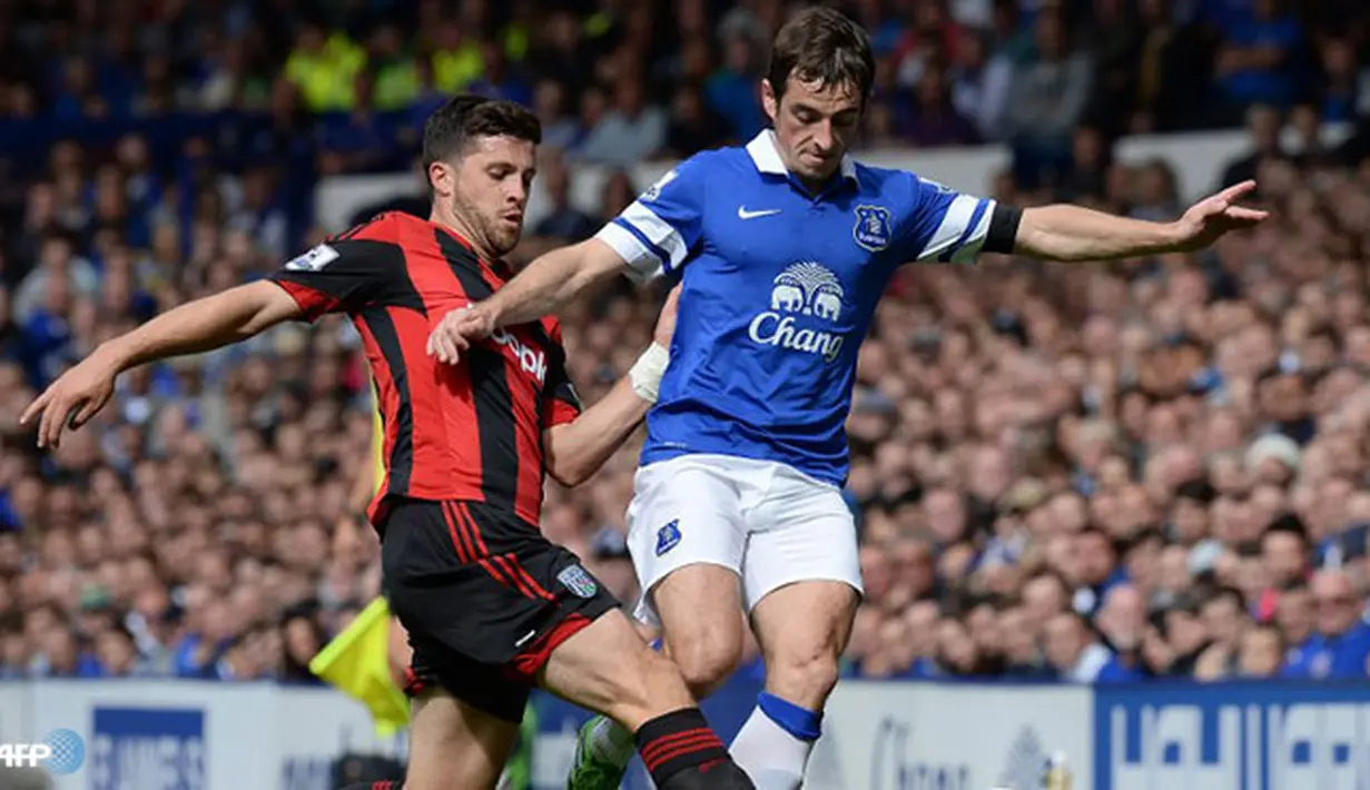 Shane Long menghadang laju Leighton Barnes pada pertandingan Liga Inggris antara Everton melawan West Bromwich Albion di Stadion Goodison Park , Liverpool Sabtu 24 Agustus 2013. (AFP/Andrew Yates)