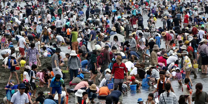 Warga Jepang Berburu Kerang di Pantai